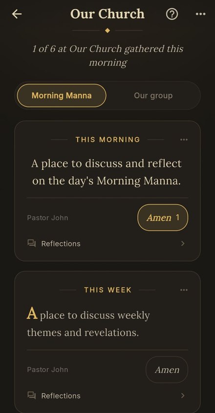 A group page on The Morning Watch side: 1 of 6 gathered this morning, and the leader's notes for the morning and the week, each with Amen and Reflections