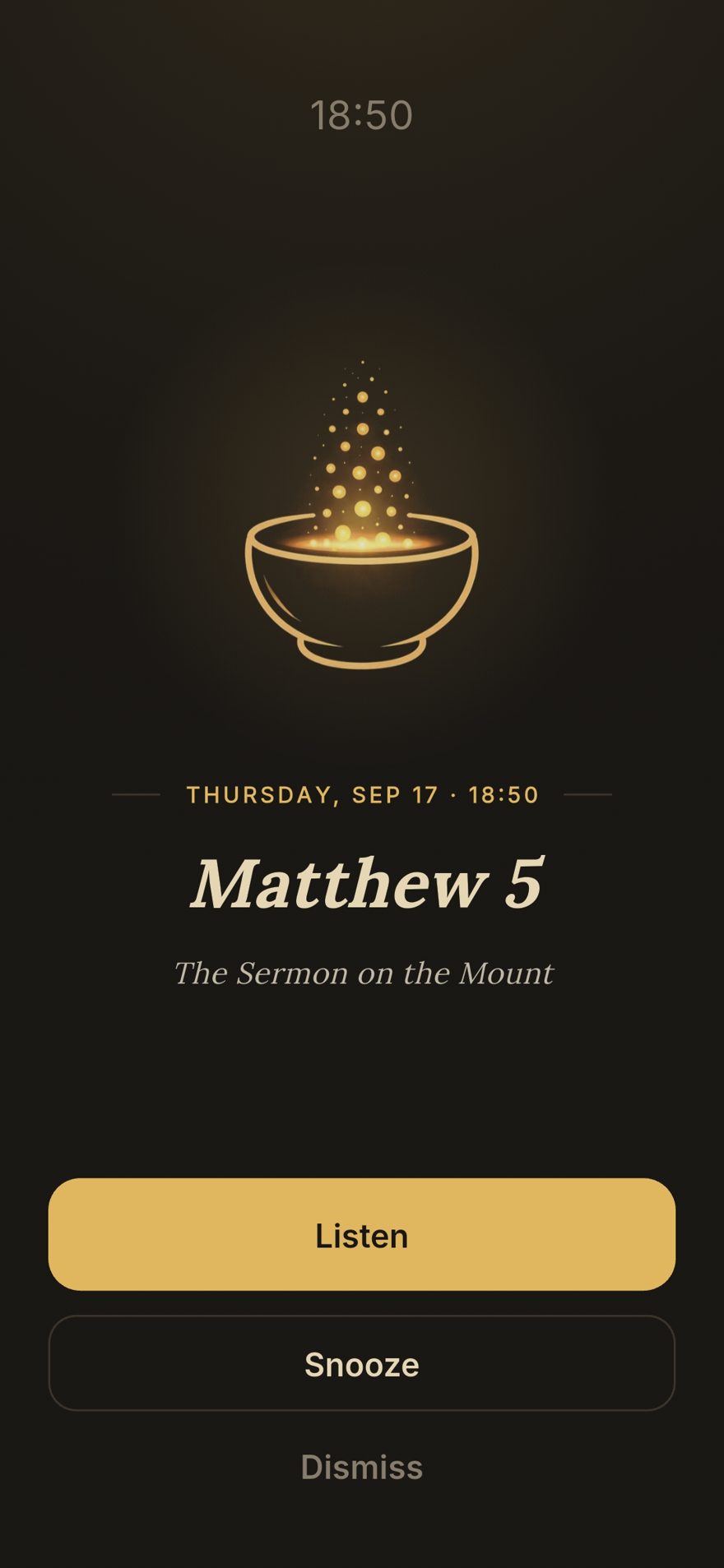The alarm ringing at 18:50: Matthew 5 — The Sermon on the Mount — and Listen, Snooze and Dismiss buttons